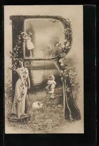 Foto-AK NPG NR: 195, Buchstabe R, Rankende Rosen, Kinder spielen am See