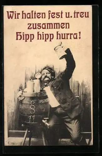 AK Trinkerhumor, Mann mit Bierkrug in der Hand umarmt sein Bierfass