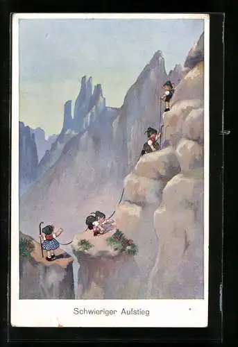 AK Kinder gemeinsam beim Bergsteigen im Gebirge
