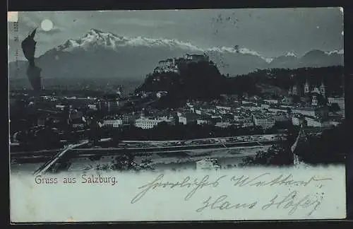 Mondschein-AK Salzburg, Ortsansicht mit Burg und Gipfelpanorama