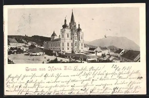 AK Maria Zell, Ortsansicht mit Kirche und Bergblick