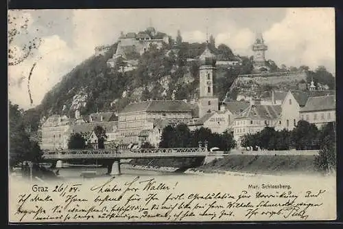 AK Graz, Murpartie mit Brücke und Schlossberg