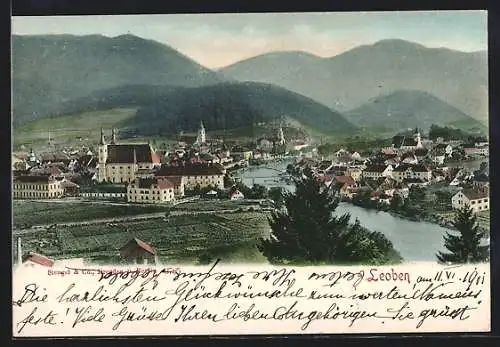 AK Leoben, Ortsansicht mit Fluss und Bergen aus der Vogelschau