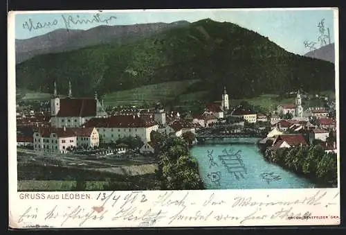AK Leoben, Ortsansicht mit Brücke aus der Vogelschau