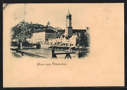 AK Graz, Teilansicht vom Nikolaikai, rückseitig Glockenturm