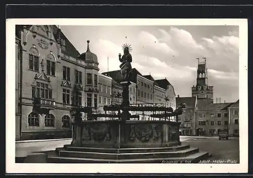 AK Braunau a. Inn, Platz mit Säulendenkmal