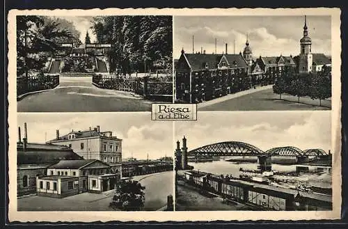 AK Riesa /Elbe, Brücke, Strassenpartie, Parkpartie