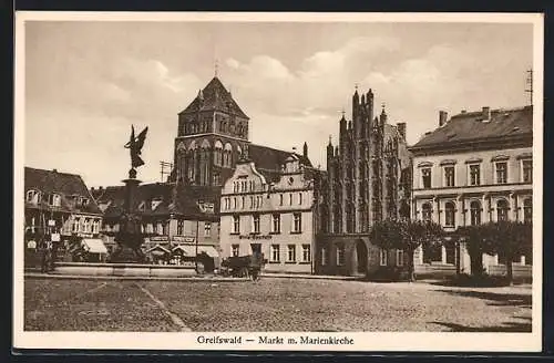 AK Greifswald, Marktansicht mit der Marienkirche und Kreissparkasse