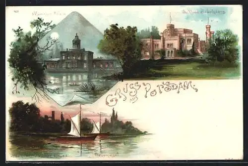 Lithographie Potsdam, Marmor Palais, Schloss Babelsberg, Pfaueninsel mit Segelbooten