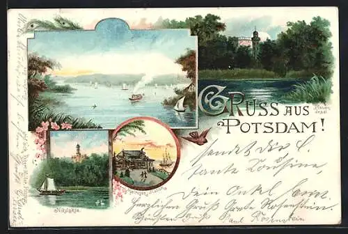 Lithographie Potsdam, Pfauen-Insel, Nikolsköe, Matrosen-Station, Segelboote, Vogel, Pfauenfedern