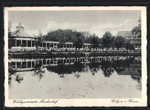 AK Uelzen i. Hann., Teichpartie mit Blick auf die Waldgaststätte Fischerhof