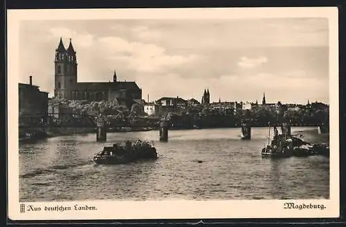 AK Magdeburg, Hafenpanorama mit Flussbrücke und Kirche