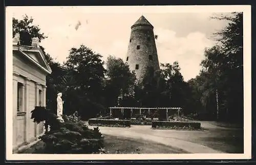 AK Schönebeck /Elbe, FDGB-Volksbad Salzelmen, Alter Soleturm mit Rosarium