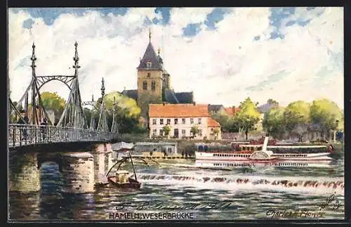 Künstler-AK Charles F.Flower: Hameln, Partie an der Weserbrücke, mit Dampfer