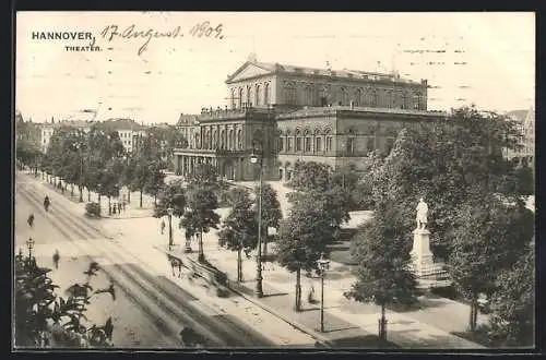 AK Hannover, Theater mit Strasse und Promenade aus der Vogelschau