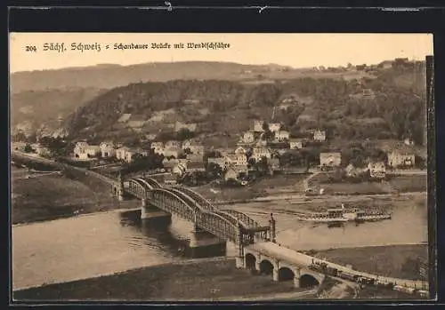 AK Schandau, Schandauer Brücke mit Wendischfähre aus der Vogelschau