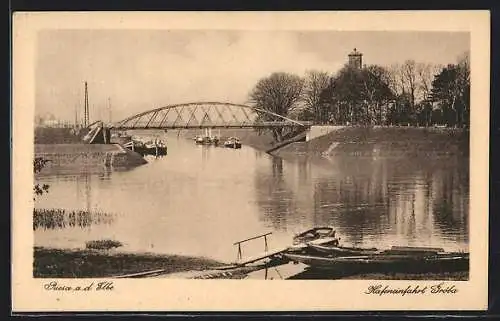 AK Riesa a. d. Elbe, Hafeneinfahrt Gröba mit Brücke