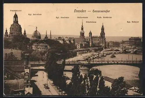 AK Dresden, Terrassenufer-Panorama aus der Vogelschau