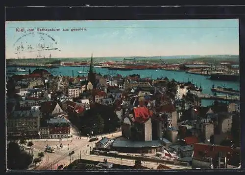 AK Kiel, Ortsansicht vom Rathausturm, Strassenbahn