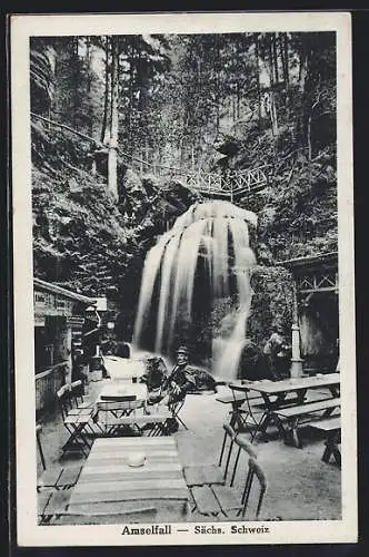 AK Amselfall /Sächs. Schweiz, Gasthaus, Mann mit Hut, Wasserfall