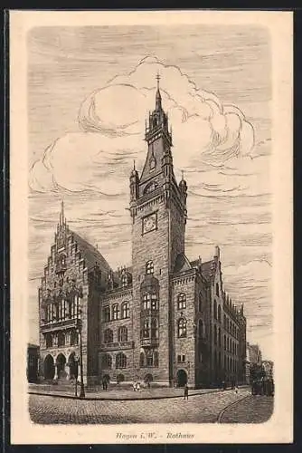Künstler-AK Hagen i. W., Rathaus mit Passanten, Druckrelief