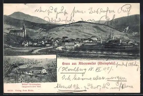 AK Albersweiler /Rheinpfalz, Militär-Schiesssplatz Langenscheider Hof, Gesamtansicht mit Bahnstrecke und Bergpanorama