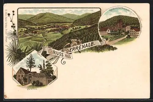 Lithographie Herrenalb, Paradies, Klosterruine Frauenalb, Gesamtansicht