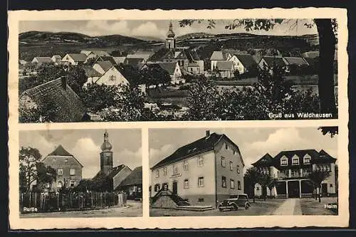 AK Waldhausen /Mosbach, Caritasheim, Strassenpartie mit Kirche, Ortsansicht