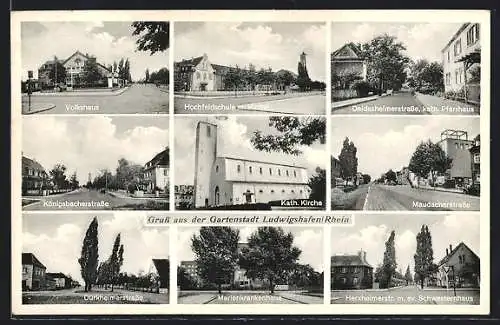 AK Ludwigshafen a. Rh., Hochfeldschule mit Kirche, Maudacherstrasse, Marienkrankenhaus