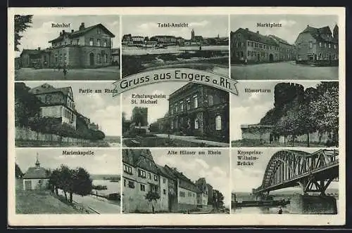 AK Engers a. Rh., Bahnhof, Marktplatz, Römerturm