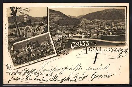 Lithographie Hirsau, Kloster, Eulenturm und Kreuzgänge, Ortsansicht aus der Vogelschau