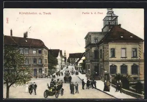 AK Kirchheim u. Teck, Strassenpartie mit Post, Fuhrwerk und Automobil