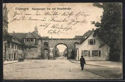 AK Erlangen, Nürnberger Tor mit Hauptstrasse und Gasthaus