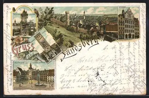 Lithographie Landsberg a. L., Mutterturm, Hauptplatz mit Schmalzturm, Teilansicht