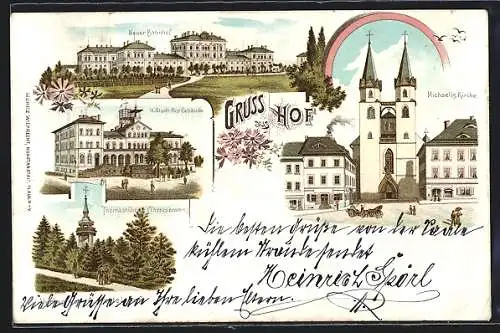 Lithographie Hof, Neuer Bahnhof, Post-Gebäude, Michaelis-Kirche & Thomashöhe