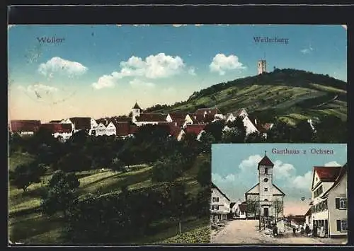 AK Weiler / Rottenburg, Gasthaus z. Ochsen, Totalansicht mit Weilerburg