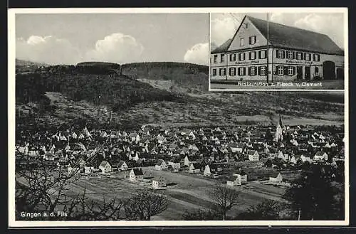 AK Gingen a. d. Fils, Gasthaus Restauration z. Filseck Clement, Gesamtansicht aus der Vogelschau