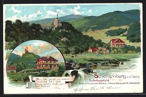 Lithographie Schenkenburg a. d. Kinzig, Burg Hotel und Burgruine