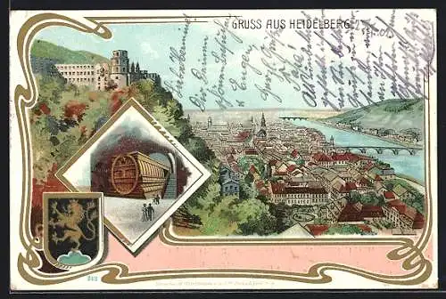 Lithographie Heidelberg, Totalansicht, grosses Fass mit Schloss und Wappen