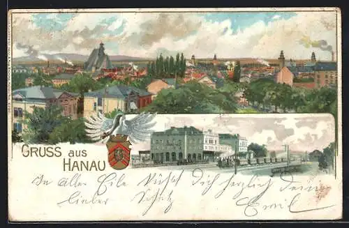 Lithographie Hanau, Teilansicht der Stadt, Bahnhof mit abfahrendem Zug