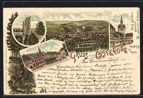 Lithographie Osterode a. Harz, Aegidien-Kirche, Markt mit der neuen Post, Alte Burg