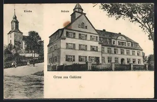AK Gahlenz, Ortspartie mit Kirche, Schule