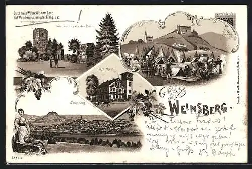 Lithographie Weinsberg, Turm mit Eingang der Burg, Kernerhaus, Gesamtansicht um 1900