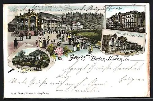 Lithographie Baden Baden, Conversationshaus und Musik Kiosk, Landes-Bad, Friedrich Bad und Augusta Bad, Trinkhalle