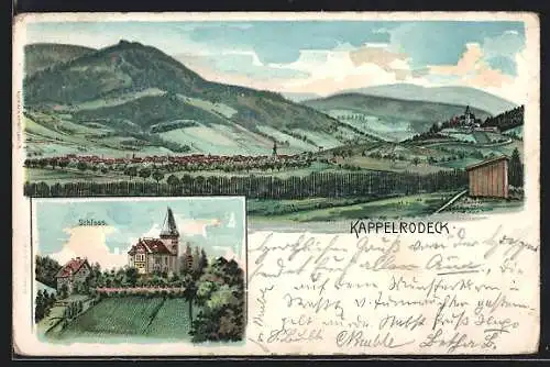 Lithographie Kappelrodeck, Schloss, Gesamtansicht mit Umgebung und Bergpanorama