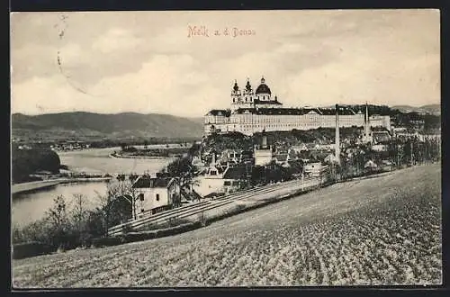 AK Melk a. d. D., Ortsansicht mit Donau und Umgebung