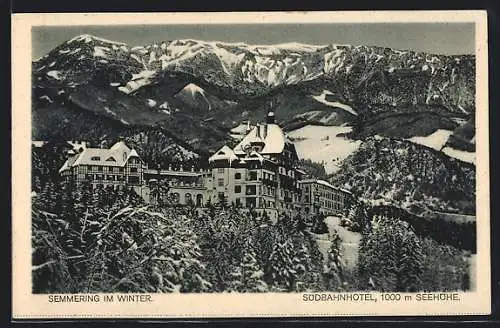 AK Semmering, Südbahnhotel mit Bergpanorama im Winter