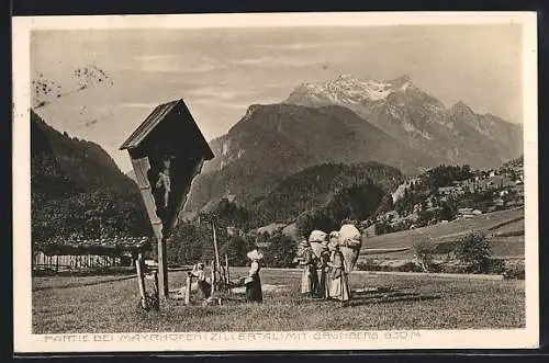 AK Mayrhofen /Zillertal, Ortspartie mit Marterl und Grünberg