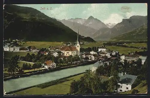 AK Zell a. Z., Ortsansicht mit Fluss und Bergblick
