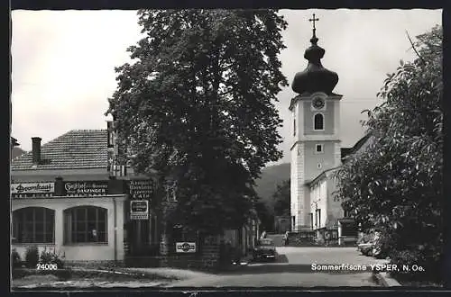 AK Ysper, Gasthof zum goldenen Hirschen, Kirche